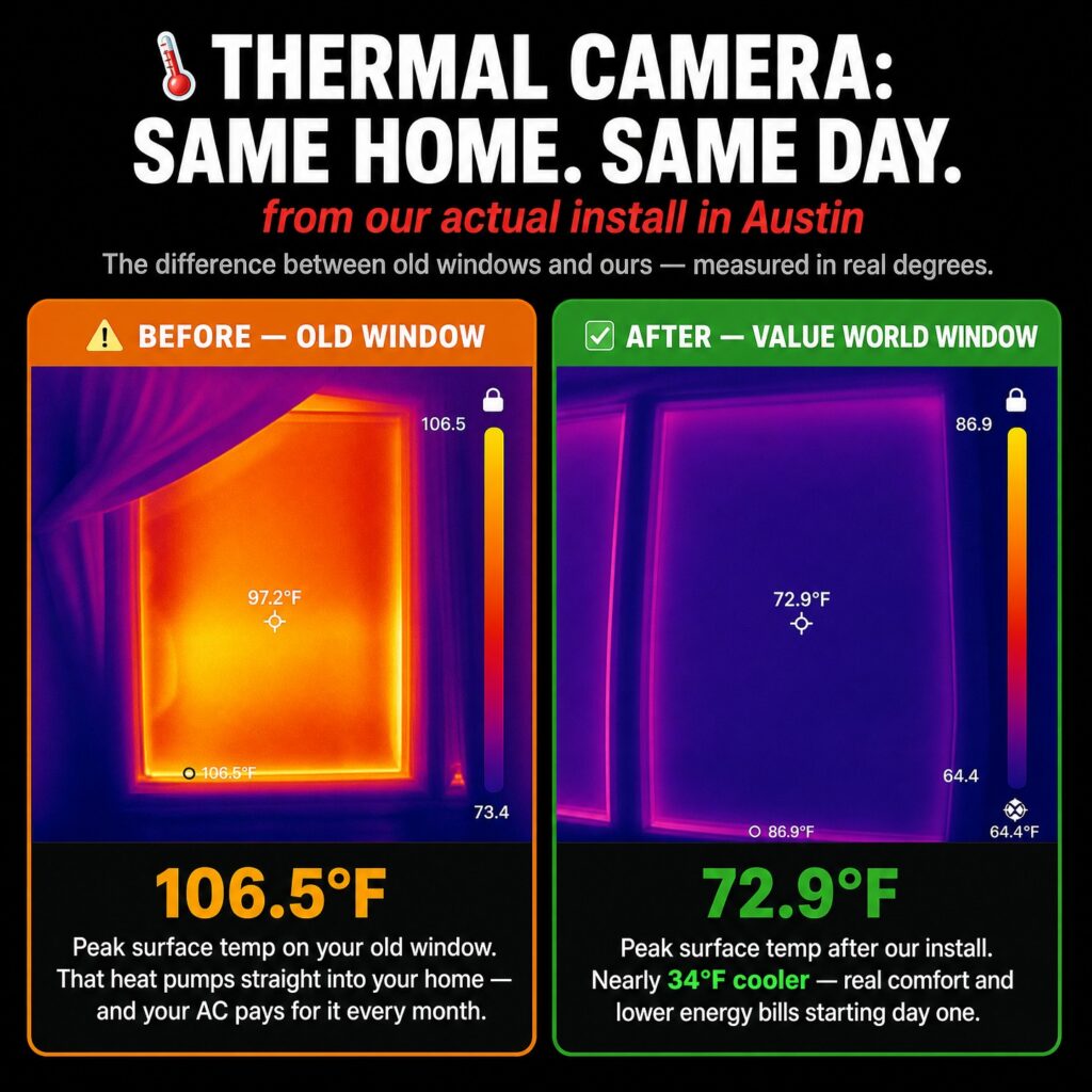 thermal camera before after window replacement Austin Texas 34 degrees cooler energy savings